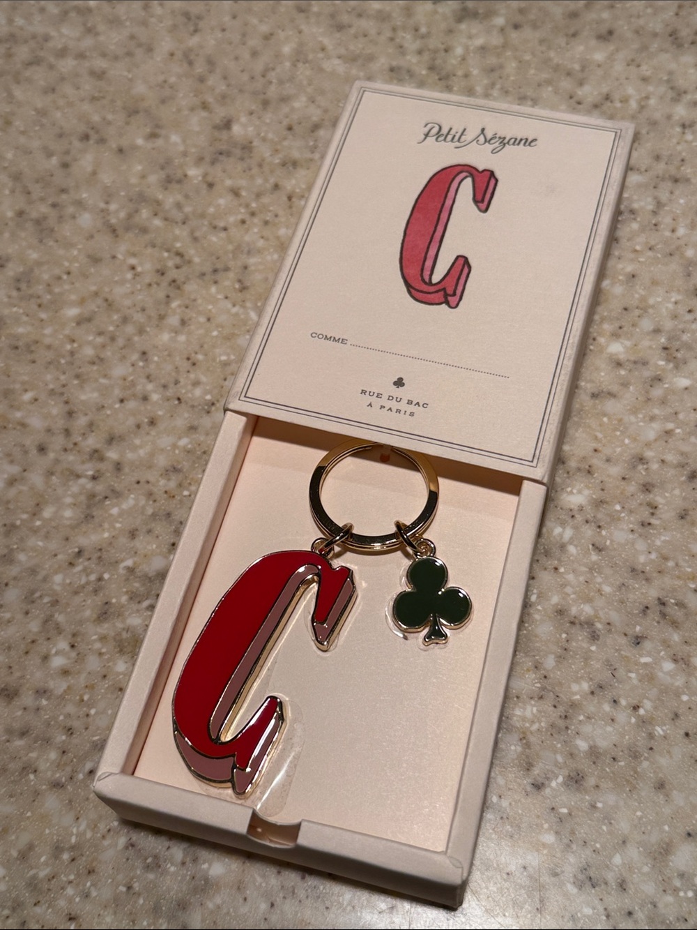 Sézane Red 'C' Initial Keyring with Green Clover Charm